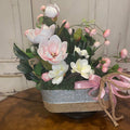 Pink Magnolia Centerpiece in Galvanized Metal Planter | Spring Floral