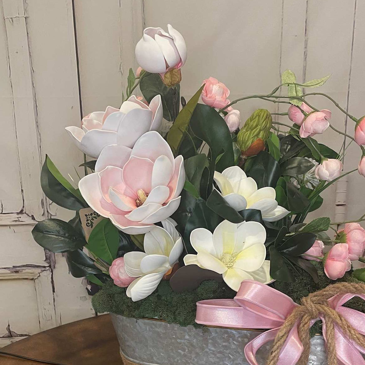 Pink Magnolia Centerpiece in Galvanized Metal Planter | Spring Floral