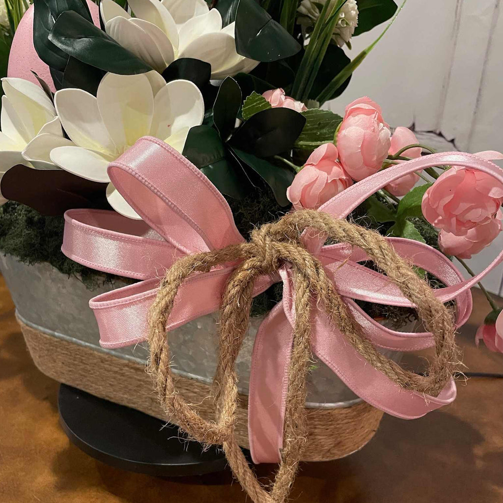 Pink Magnolia Centerpiece in Galvanized Metal Planter | Spring Floral