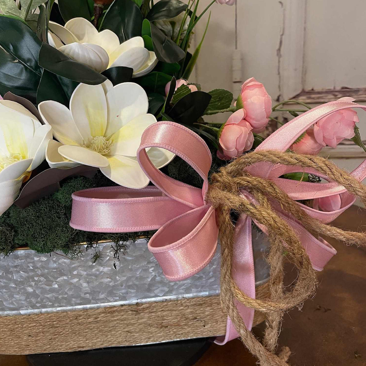 Pink Magnolia Centerpiece in Galvanized Metal Planter | Spring Floral