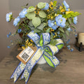 Blue and Yellow Floral Centerpiece in White Ceramic Planter - Spring