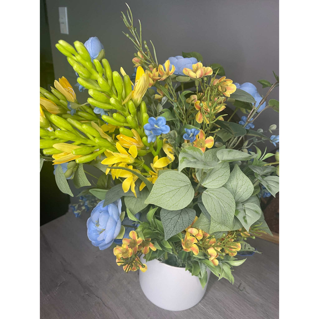 Blue and Yellow Floral Centerpiece in White Ceramic Planter - Spring