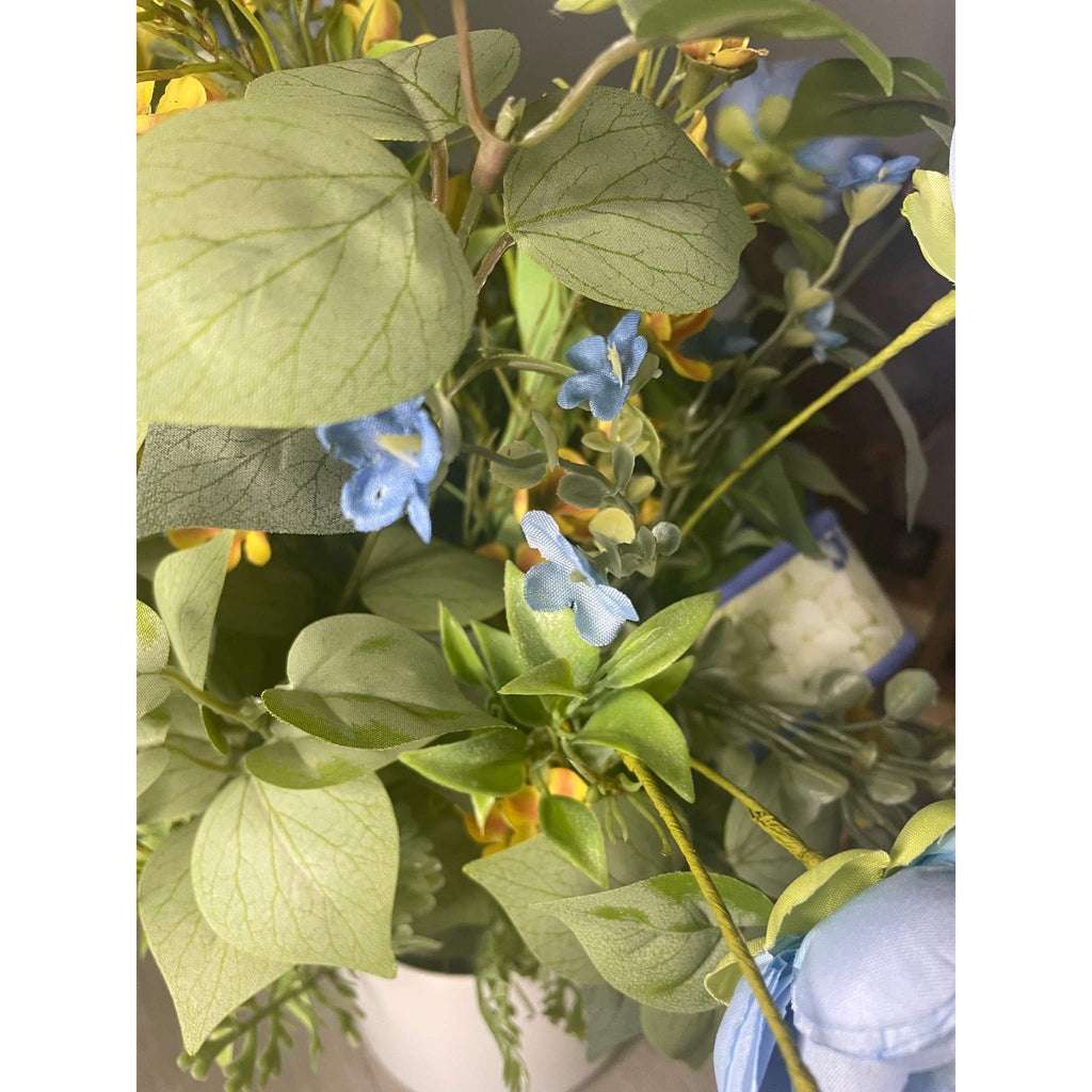 Blue and Yellow Floral Centerpiece in White Ceramic Planter - Spring
