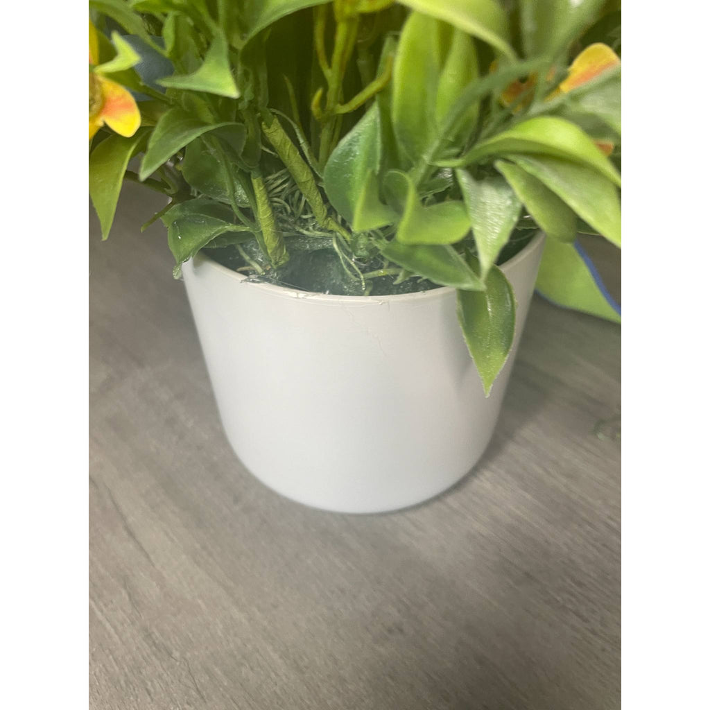 Blue and Yellow Floral Centerpiece in White Ceramic Planter - Spring