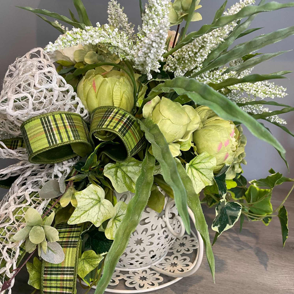 Green and Cream Peony Teacup Centerpiece with White Metal Cup