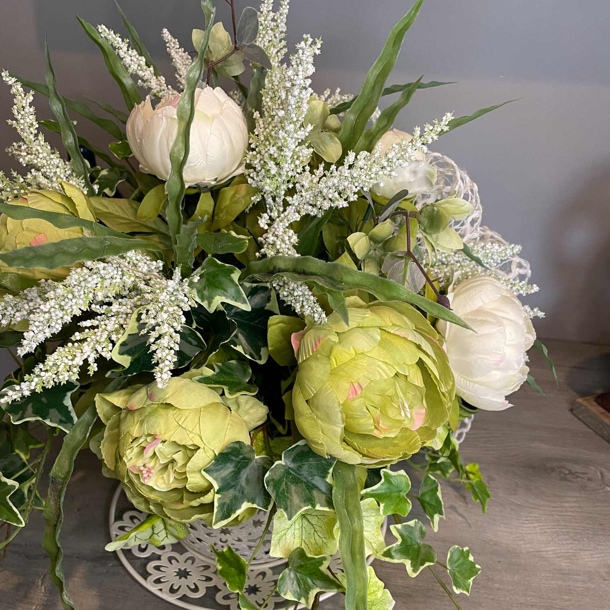 Green and Cream Peony Teacup Centerpiece with White Metal Cup