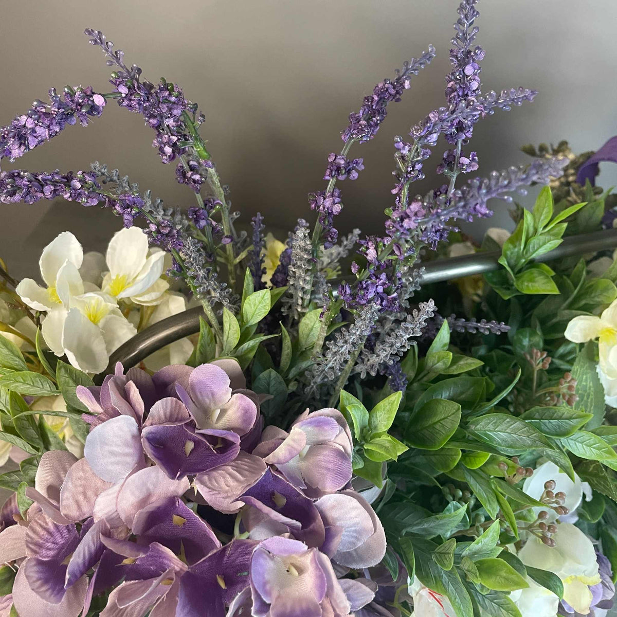 Purple and Cream Wildflower Centerpiece in Galvanized Steel Planter