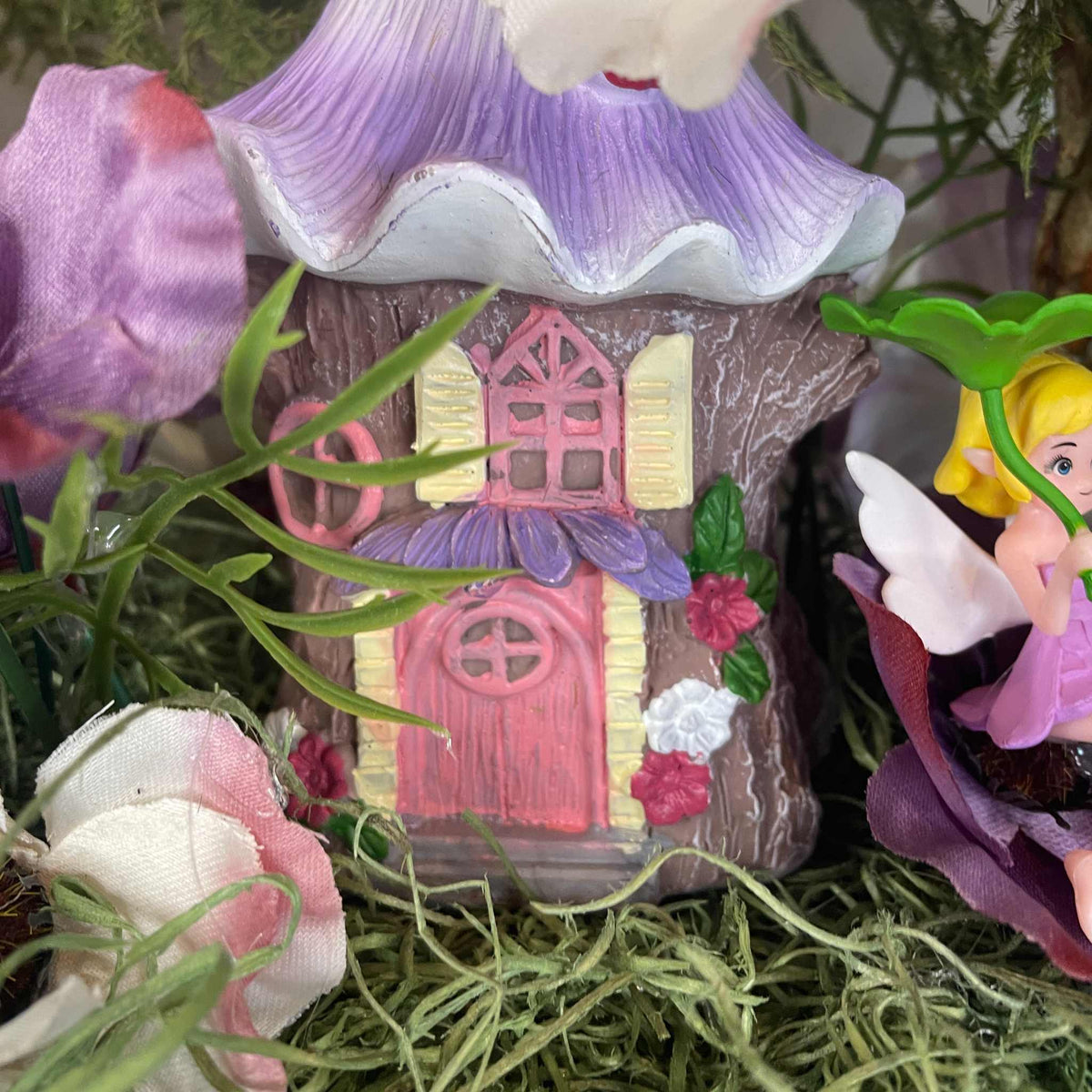 Fairy Garden Centerpiece with Purple Poppies & Lavender Cosmos