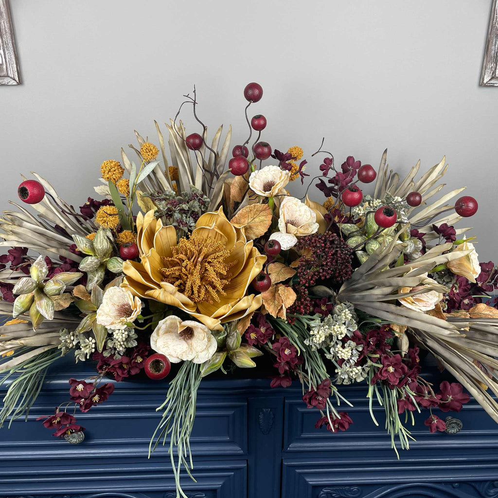 Fall Centerpiece with Mustard Yellow Magnolia & Burgundy Blossoms