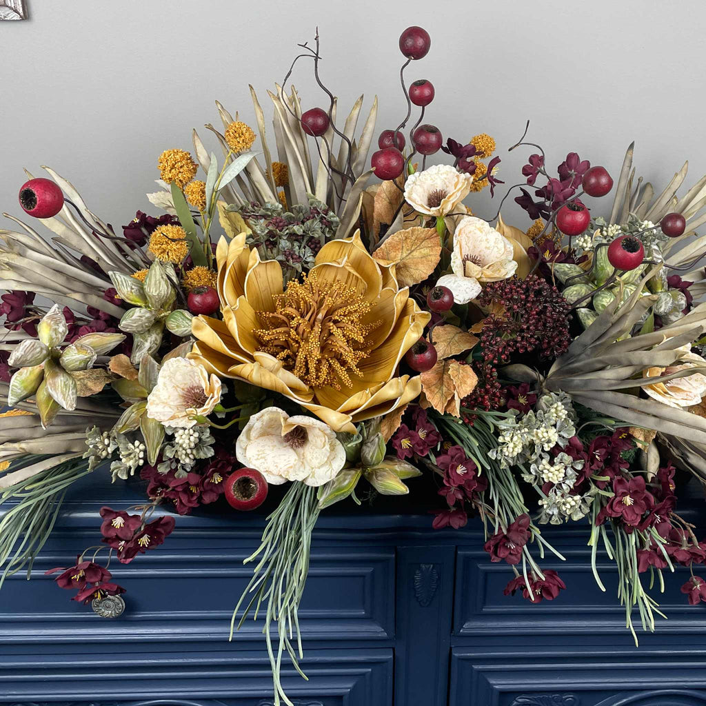 Fall Centerpiece with Mustard Yellow Magnolia & Burgundy Blossoms