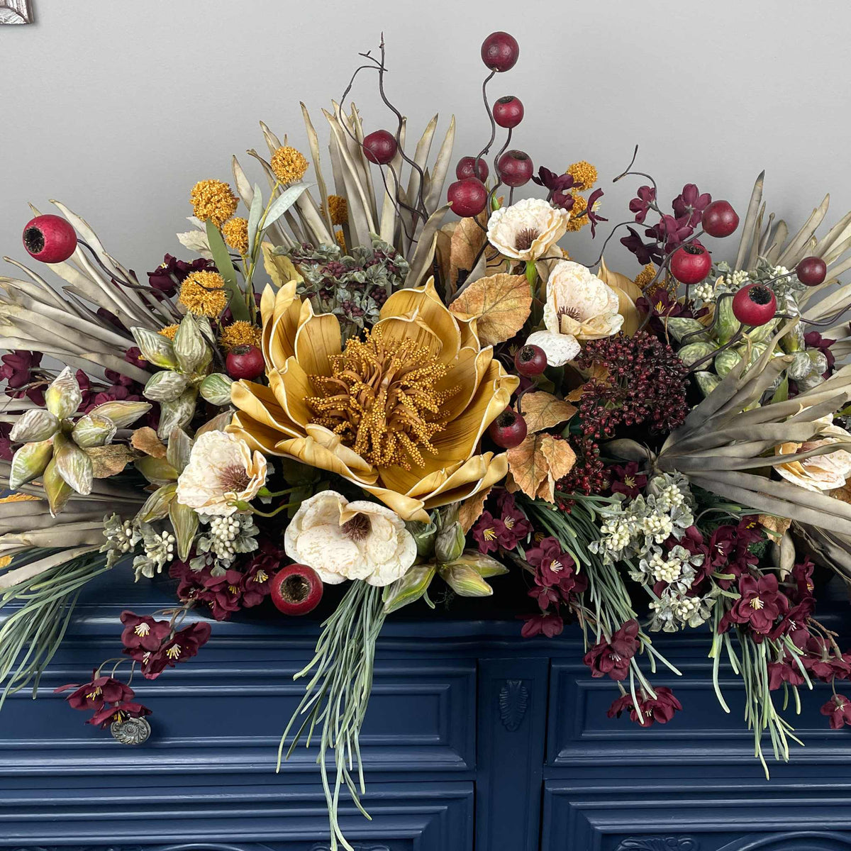 Fall Centerpiece with Mustard Yellow Magnolia & Burgundy Blossoms