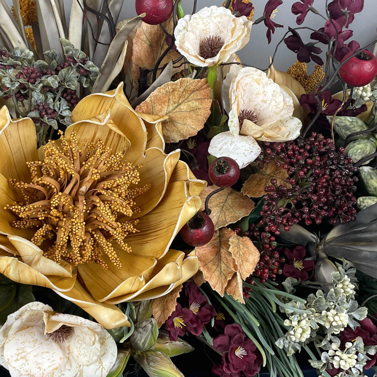 Fall Centerpiece with Mustard Yellow Magnolia & Burgundy Blossoms