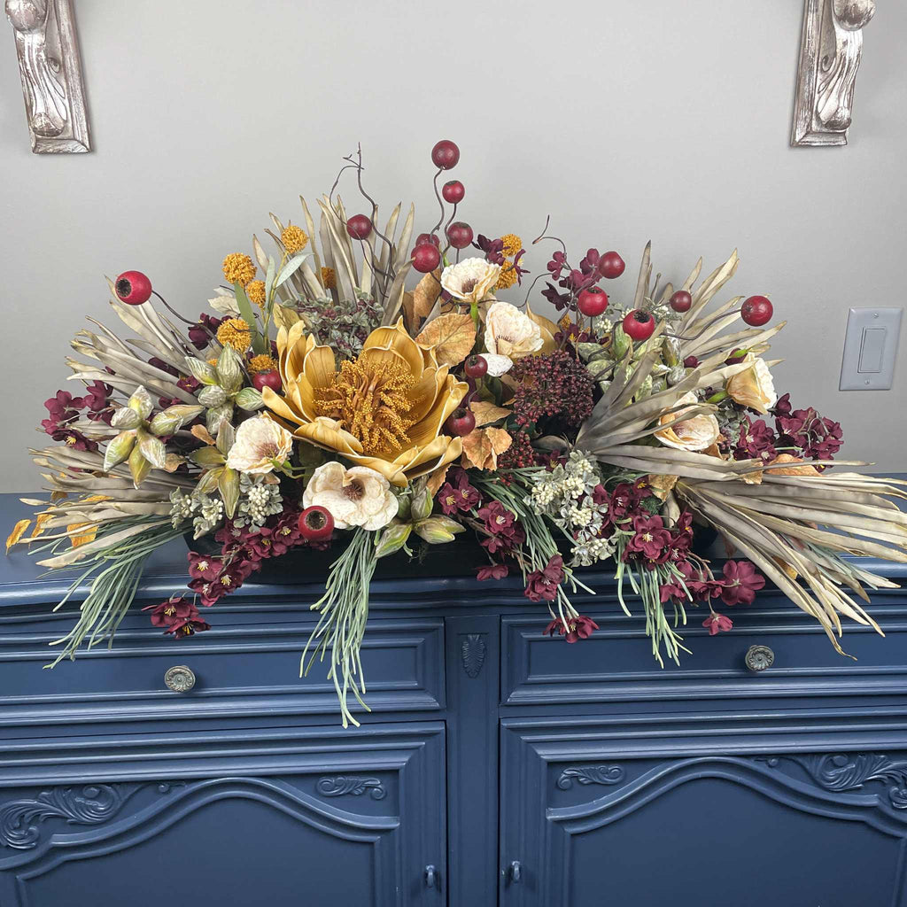 Fall Centerpiece with Mustard Yellow Magnolia & Burgundy Blossoms