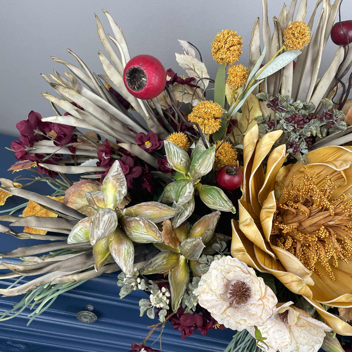 Fall Centerpiece with Mustard Yellow Magnolia & Burgundy Blossoms