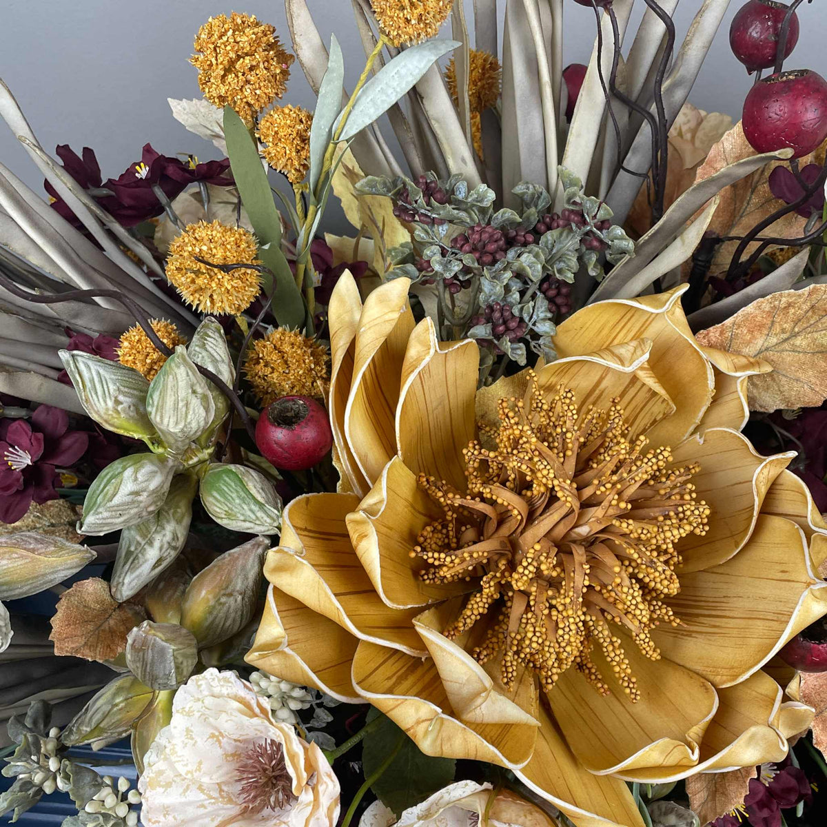 Fall Centerpiece with Mustard Yellow Magnolia & Burgundy Blossoms