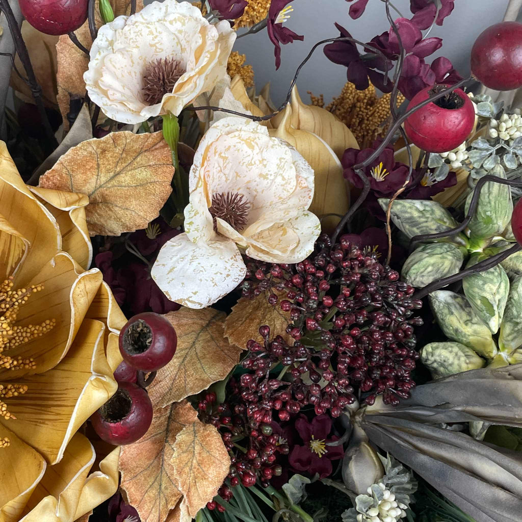 Fall Centerpiece with Mustard Yellow Magnolia & Burgundy Blossoms