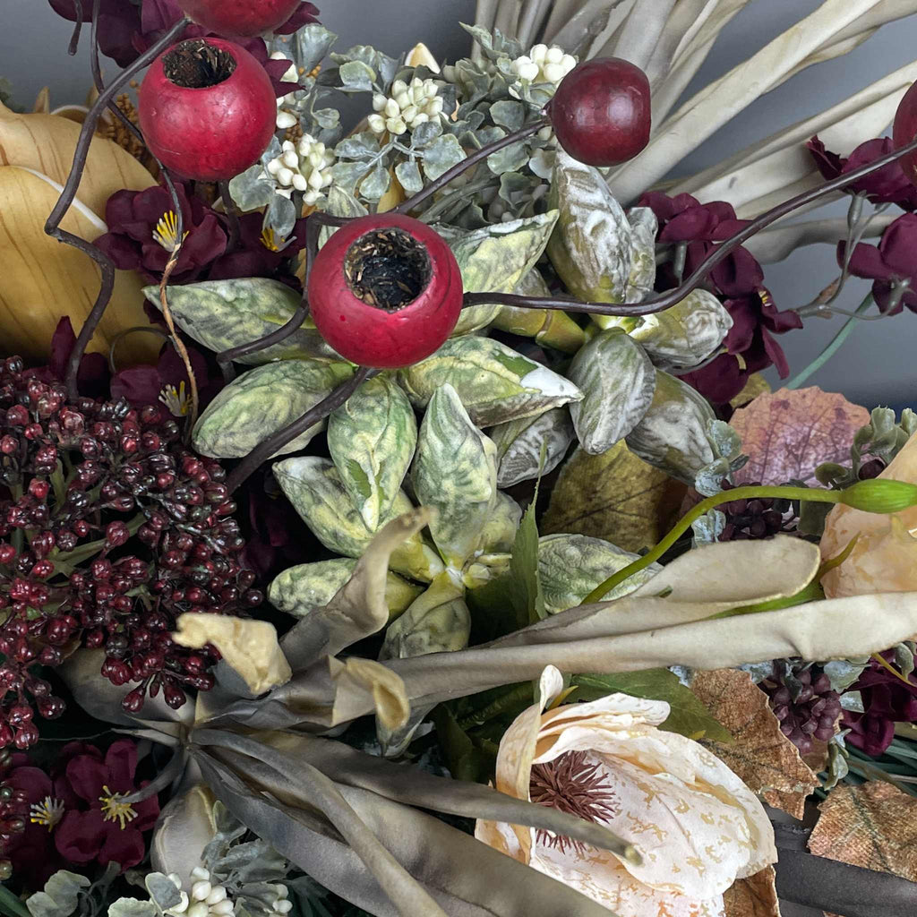 Fall Centerpiece with Mustard Yellow Magnolia & Burgundy Blossoms