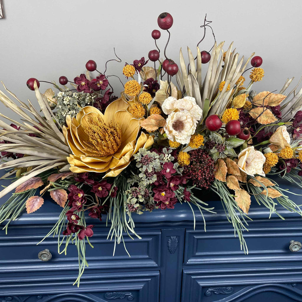 Fall Centerpiece with Mustard Yellow Magnolia & Burgundy Blossoms