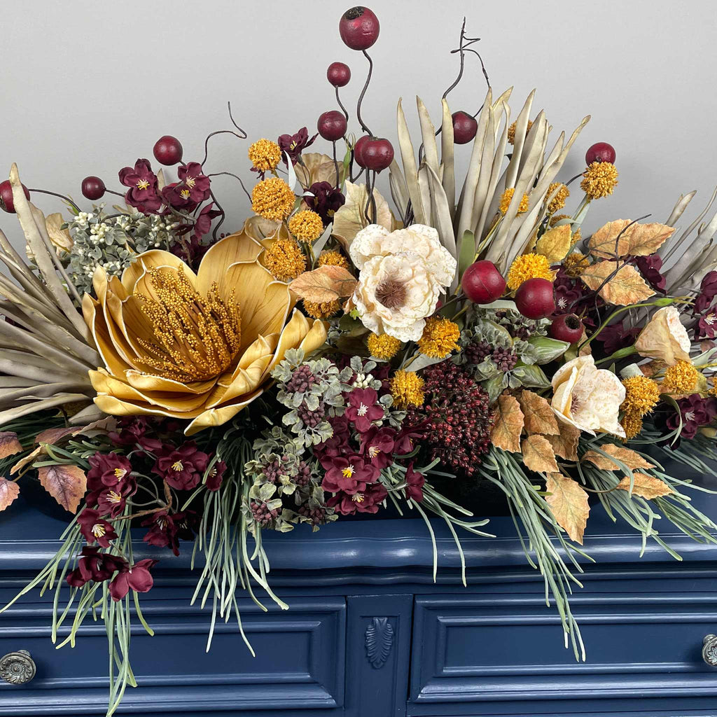 Fall Centerpiece with Mustard Yellow Magnolia & Burgundy Blossoms