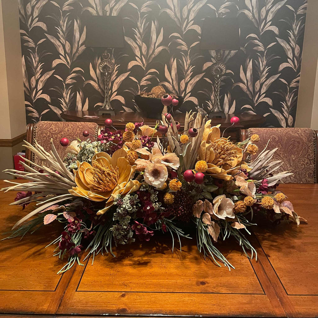 Fall Centerpiece with Mustard Yellow Magnolia & Burgundy Blossoms