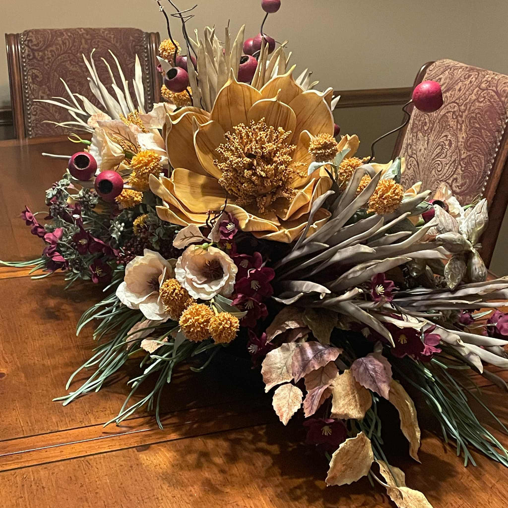 Fall Centerpiece with Mustard Yellow Magnolia & Burgundy Blossoms