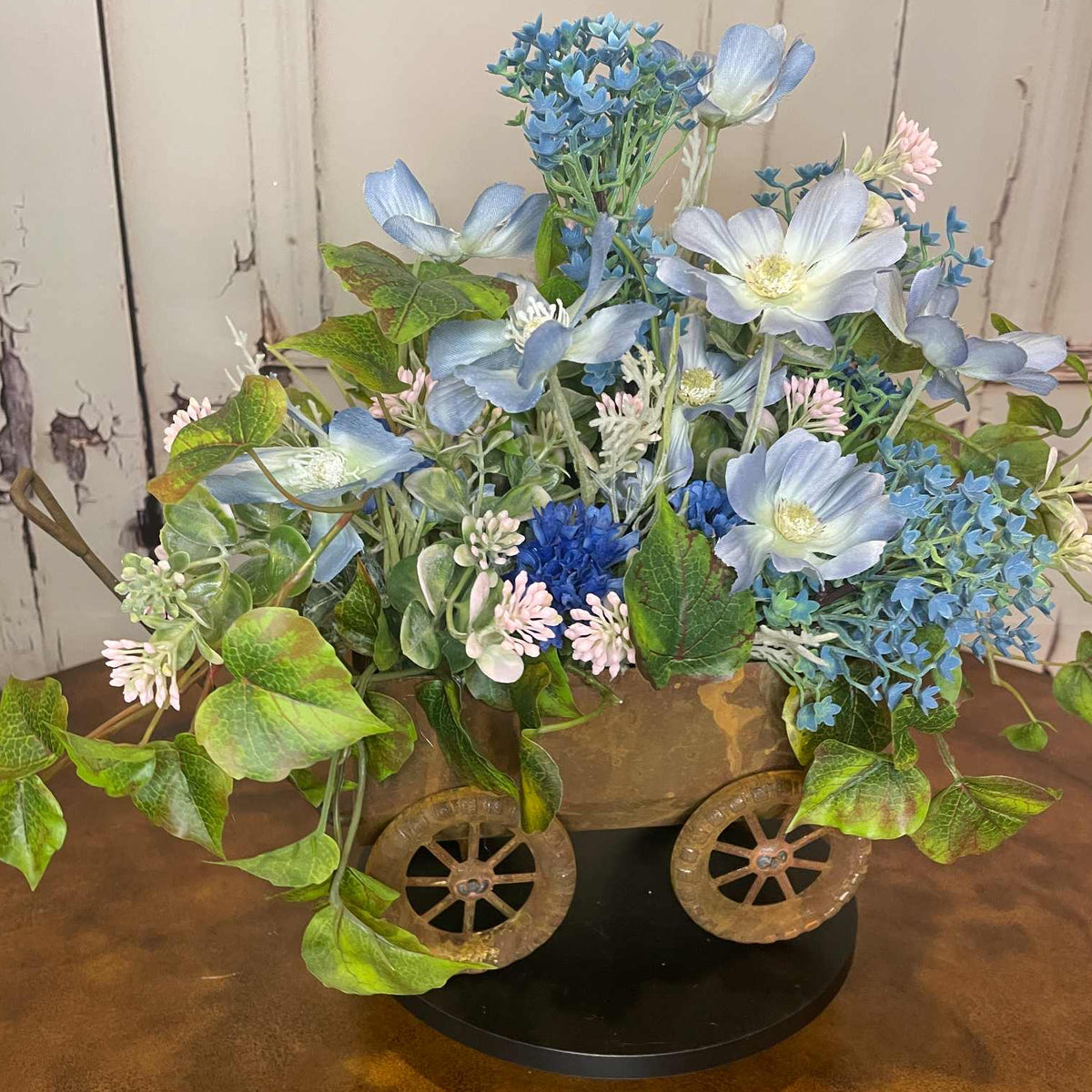 Light Blue Cosmos Metal Wagon Planter | Rustic Spring Floral Decor
