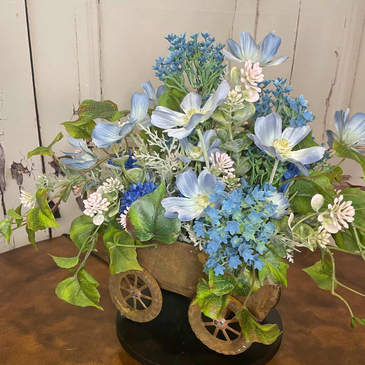 Light Blue Cosmos Metal Wagon Planter | Rustic Spring Floral Decor