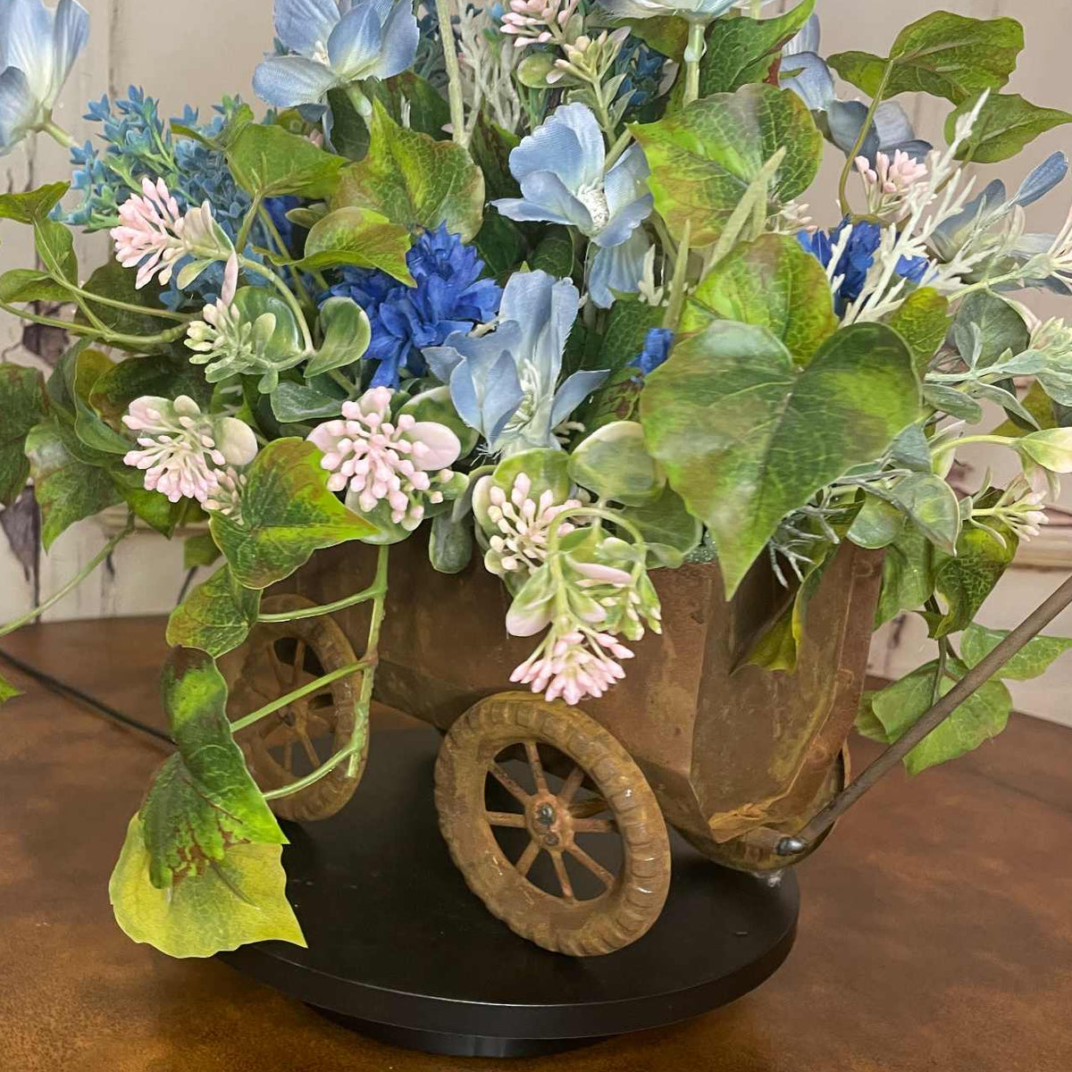 Light Blue Cosmos Metal Wagon Planter | Rustic Spring Floral Decor