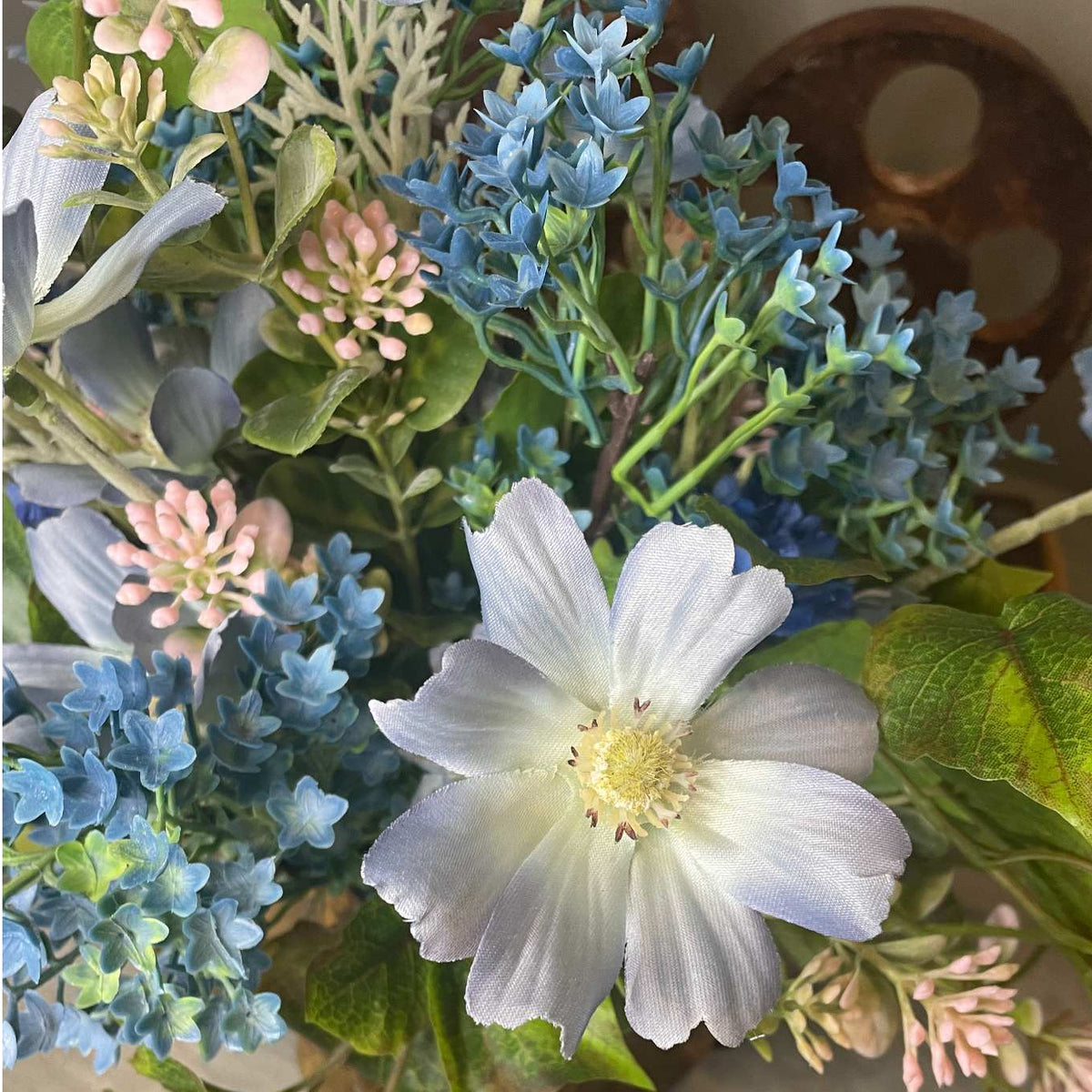 Light Blue Cosmos Metal Wagon Planter | Rustic Spring Floral Decor