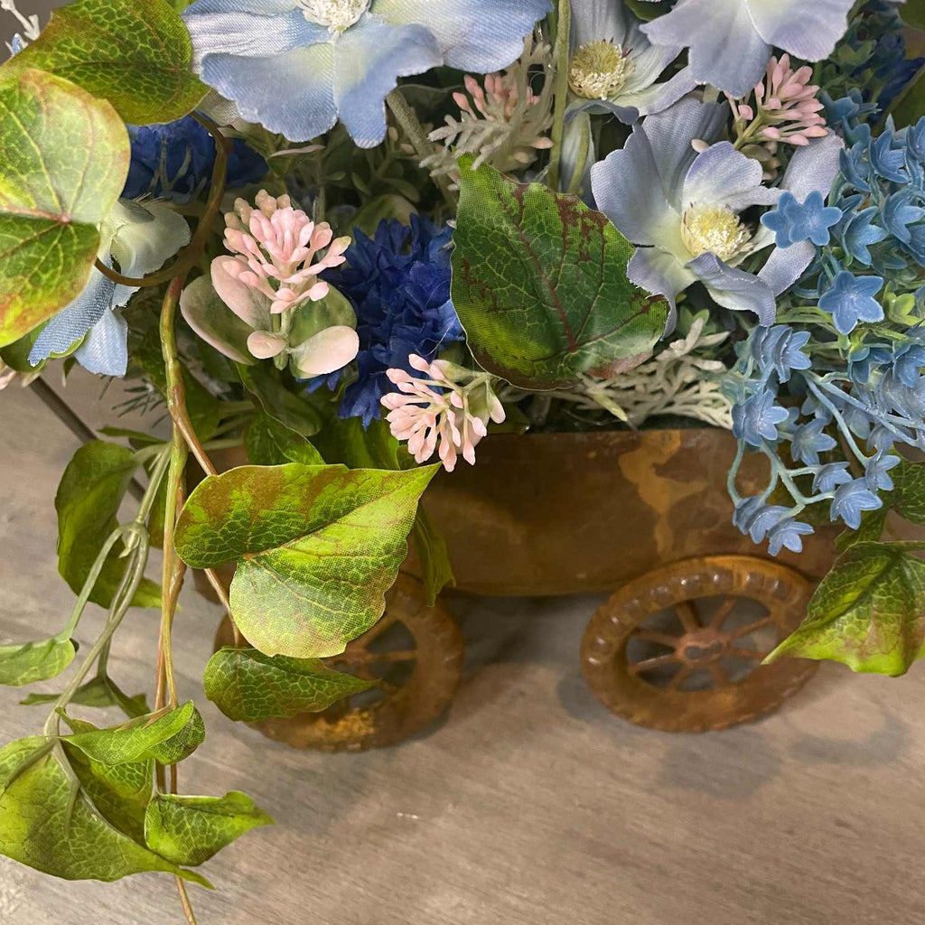 Light Blue Cosmos Metal Wagon Planter | Rustic Spring Floral Decor