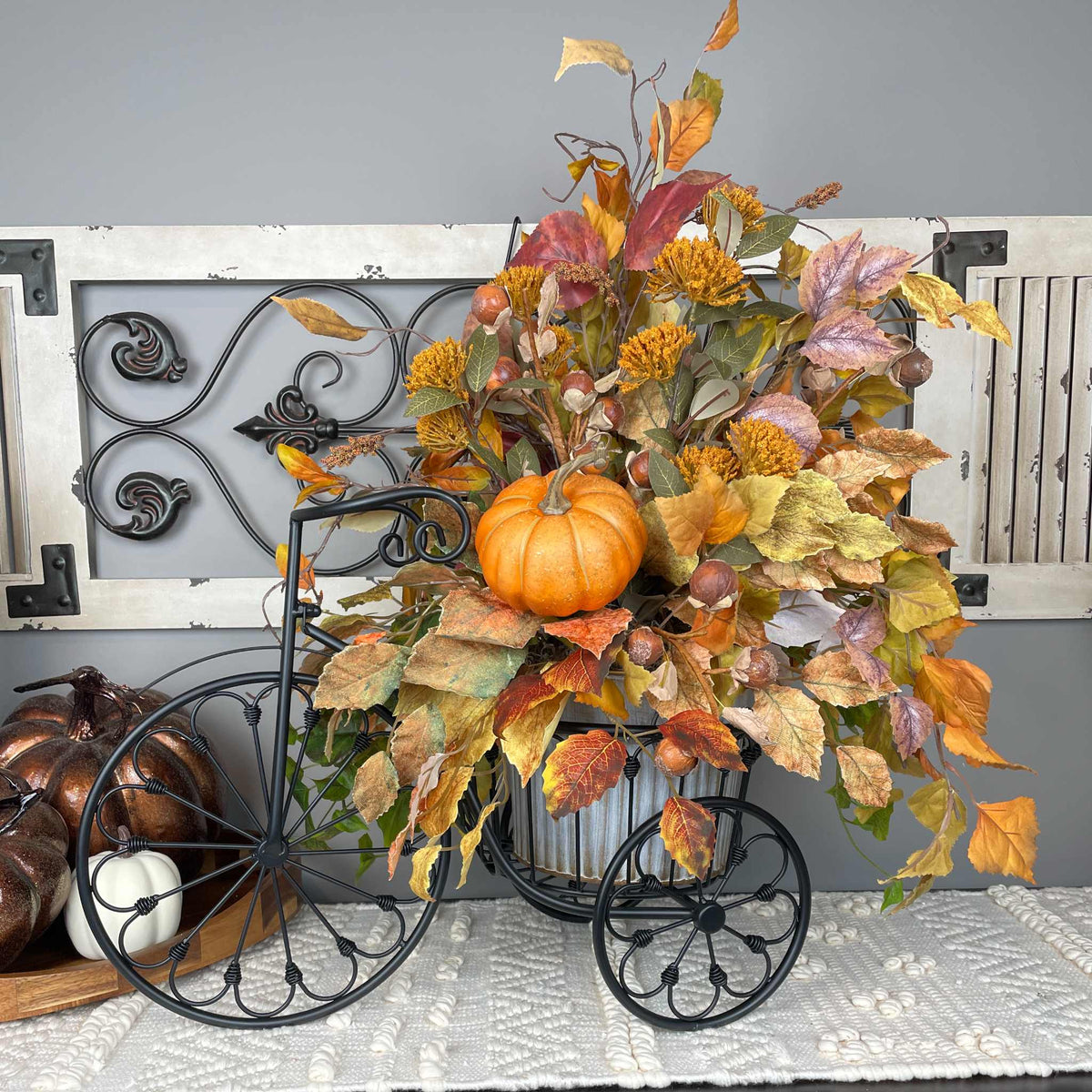 Fall Tricycle Planter Arrangement with Pumpkin & Autumn Leaves