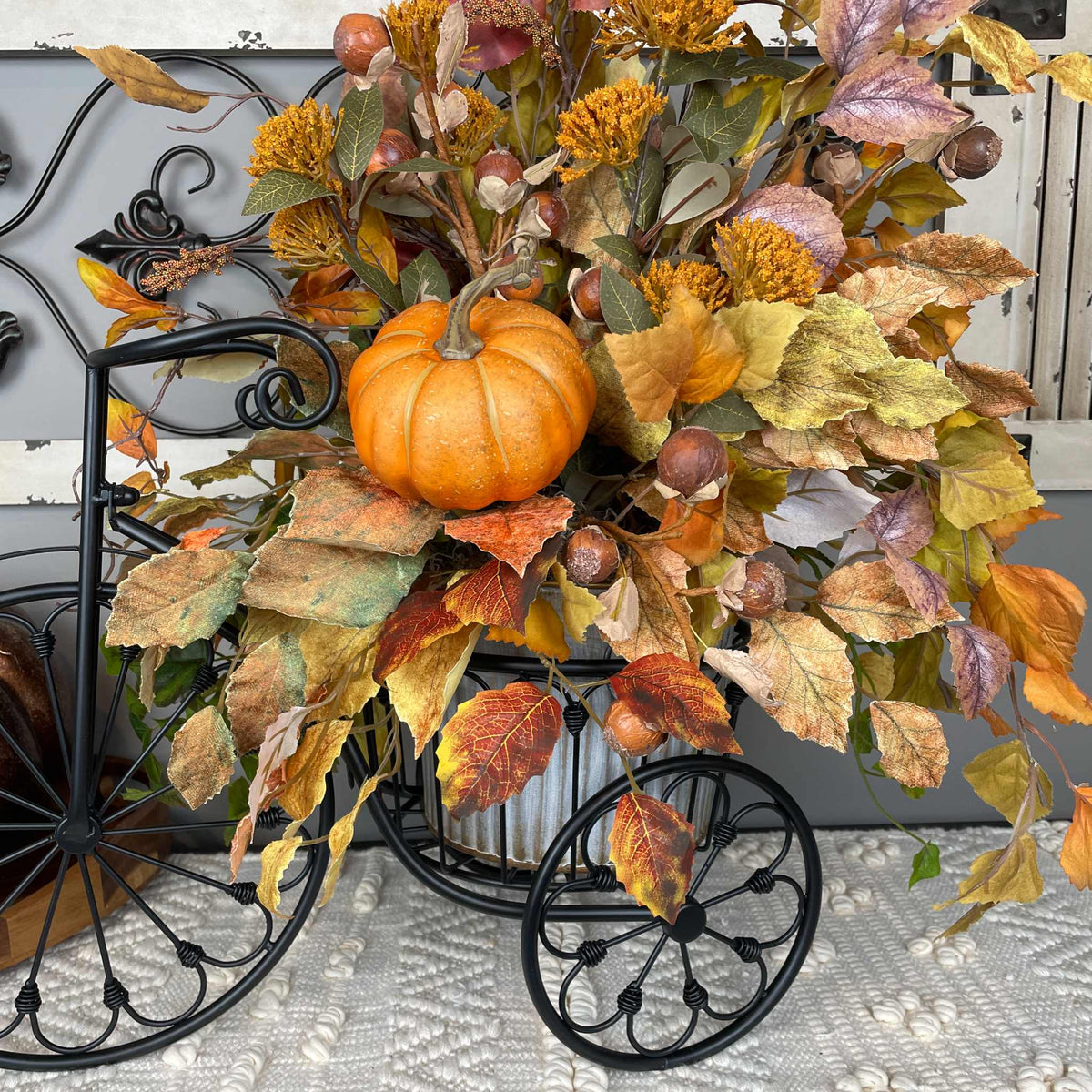 Fall Tricycle Planter Arrangement with Pumpkin & Autumn Leaves