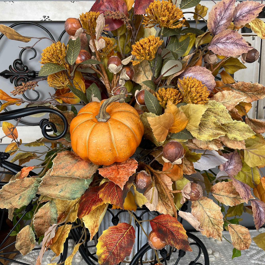 Fall Tricycle Planter Arrangement with Pumpkin & Autumn Leaves