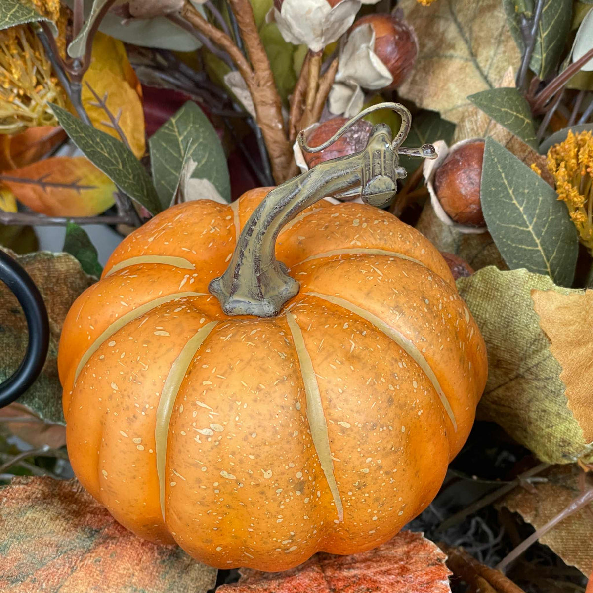 Fall Tricycle Planter Arrangement with Pumpkin & Autumn Leaves