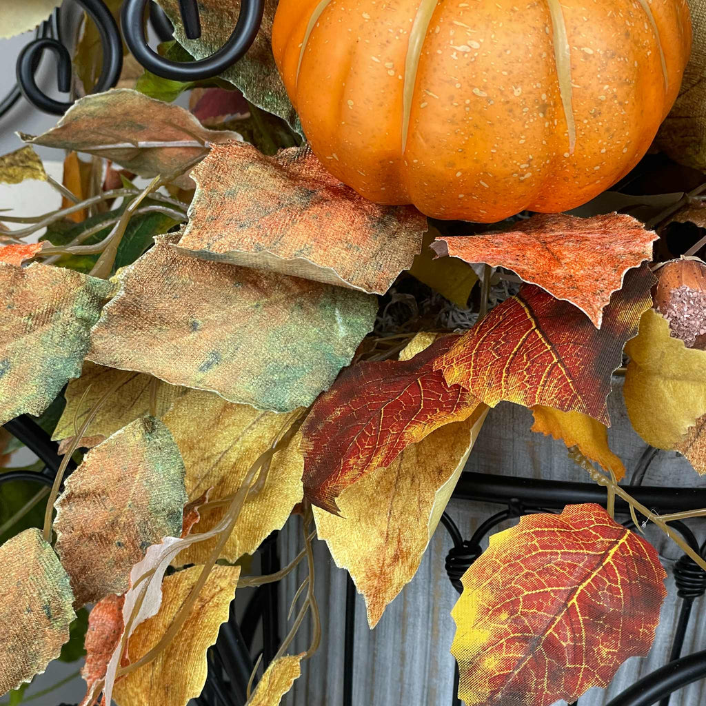 Fall Tricycle Planter Arrangement with Pumpkin & Autumn Leaves