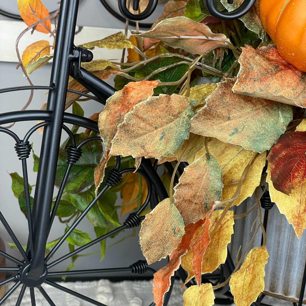 Fall Tricycle Planter Arrangement with Pumpkin & Autumn Leaves
