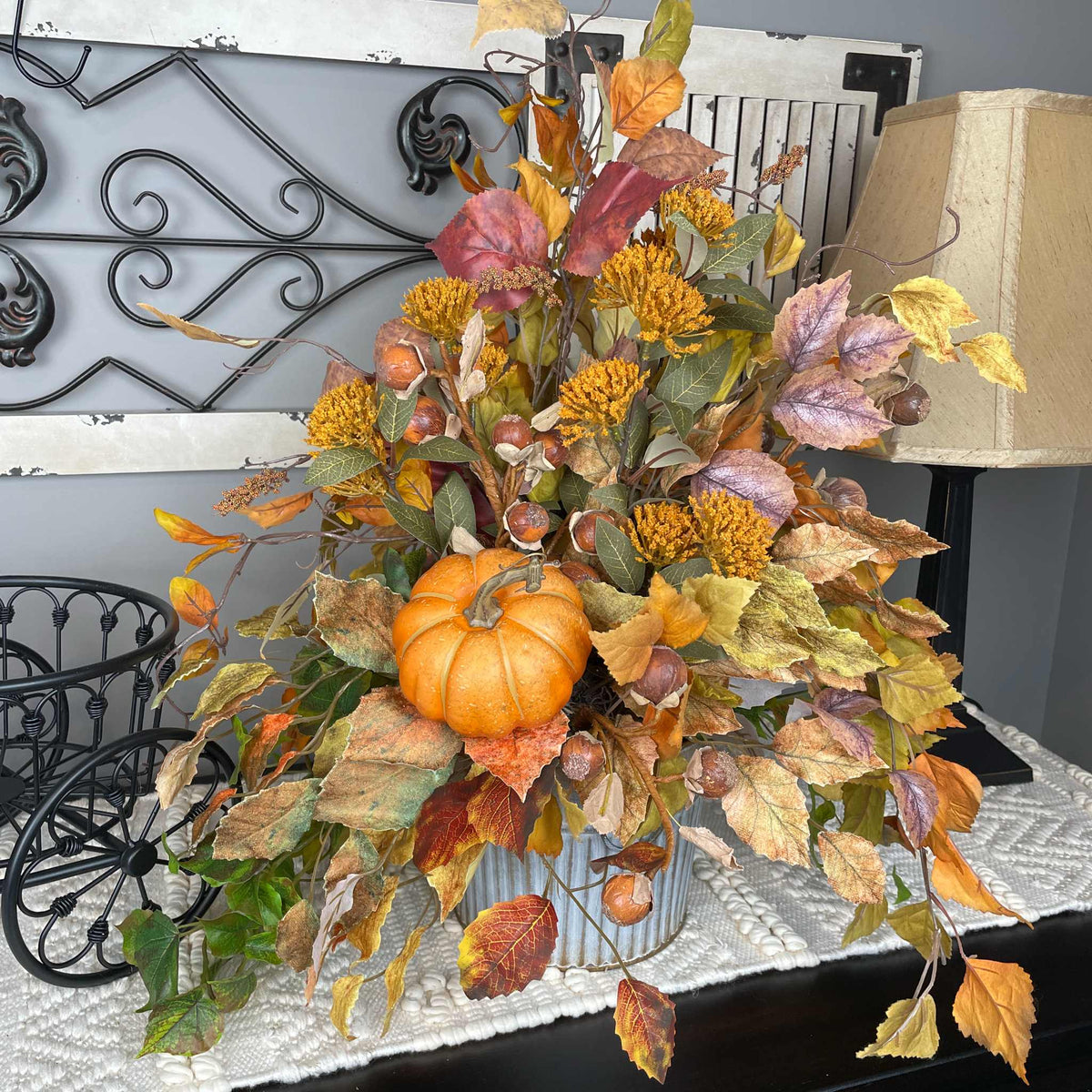 Fall Tricycle Planter Arrangement with Pumpkin & Autumn Leaves