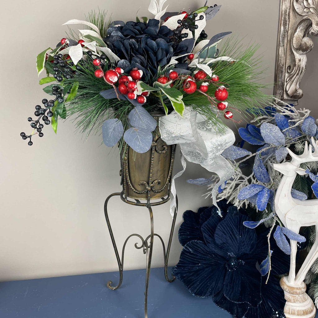 Vintage European Metal Pedestal Planter with Navy Blue & Red Holiday