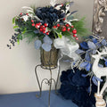 Vintage European Metal Pedestal Planter with Navy Blue & Red Holiday