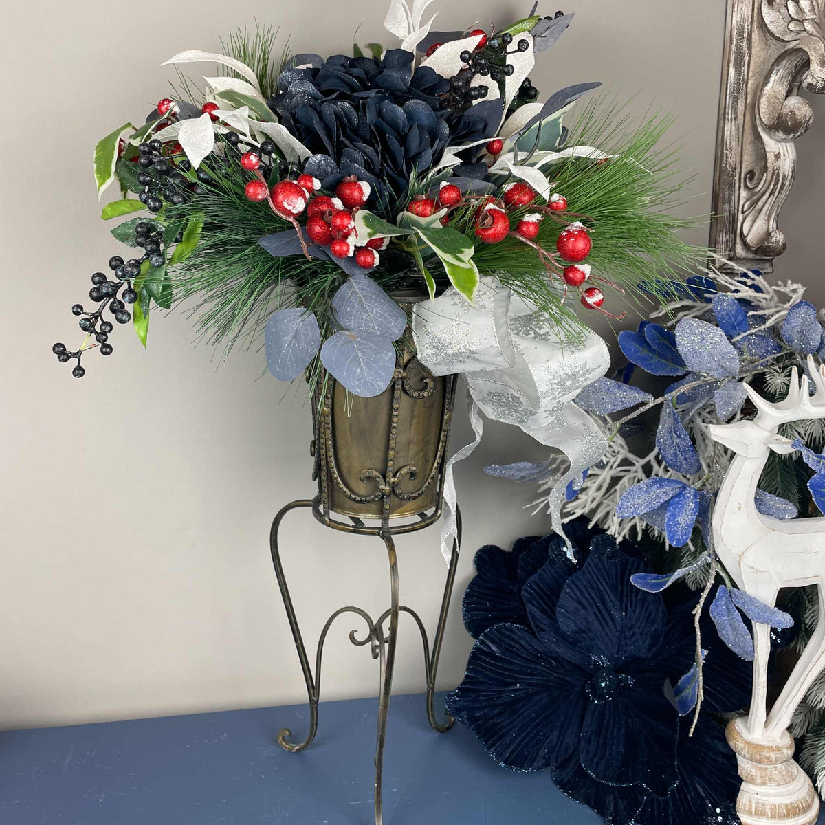Vintage European Metal Pedestal Planter with Navy Blue & Red Holiday