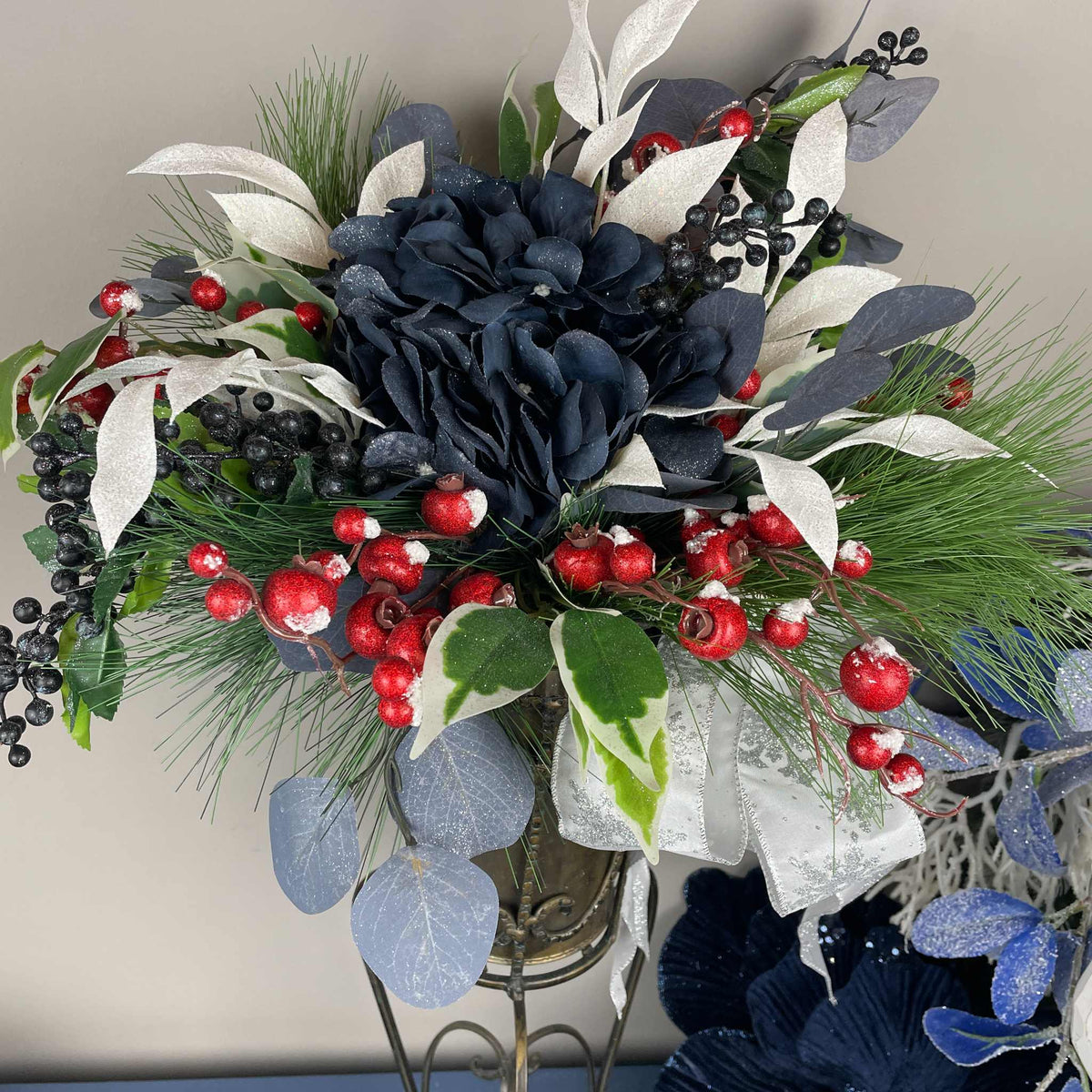 Vintage European Metal Pedestal Planter with Navy Blue & Red Holiday