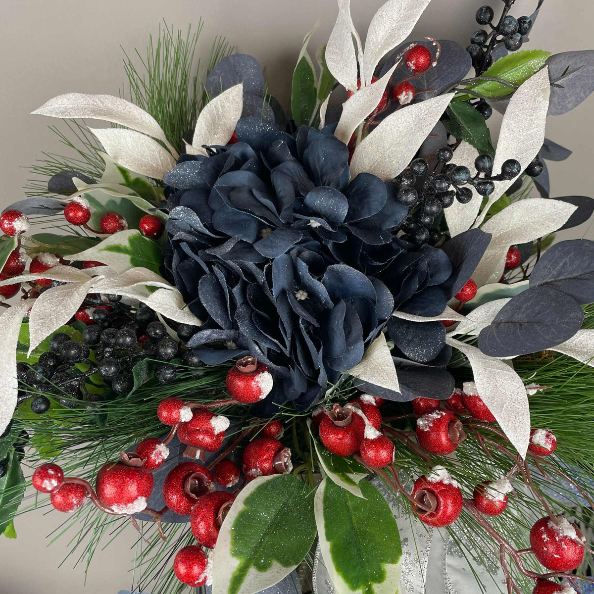 Vintage European Metal Pedestal Planter with Navy Blue & Red Holiday