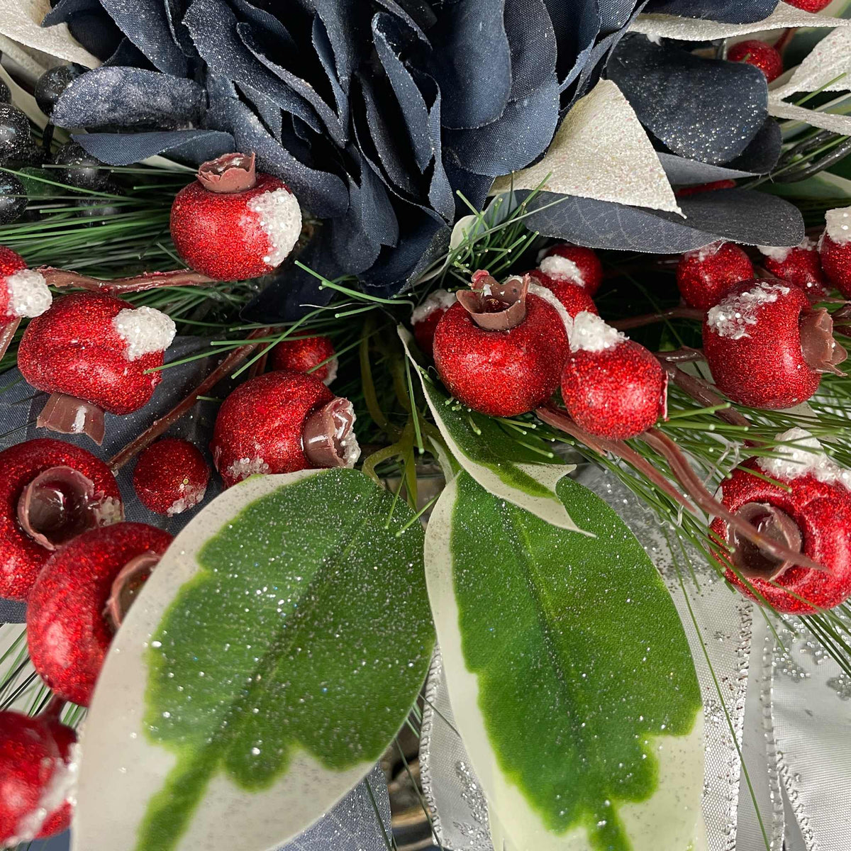 Vintage European Metal Pedestal Planter with Navy Blue & Red Holiday