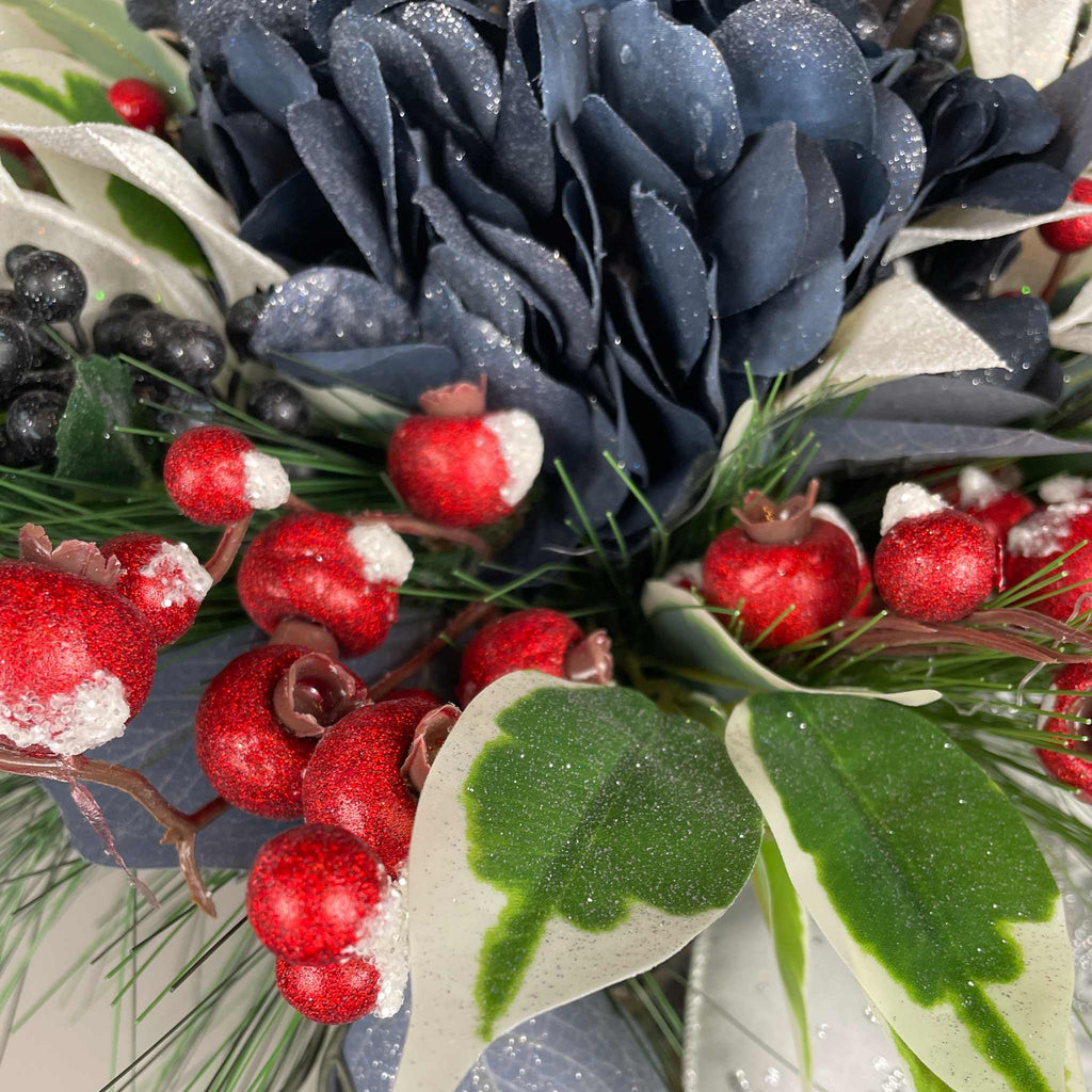 Vintage European Metal Pedestal Planter with Navy Blue & Red Holiday