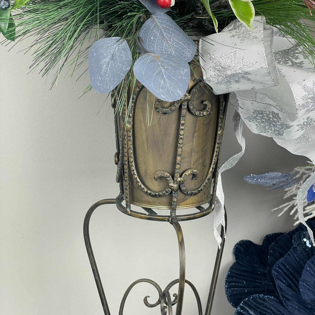 Vintage European Metal Pedestal Planter with Navy Blue & Red Holiday