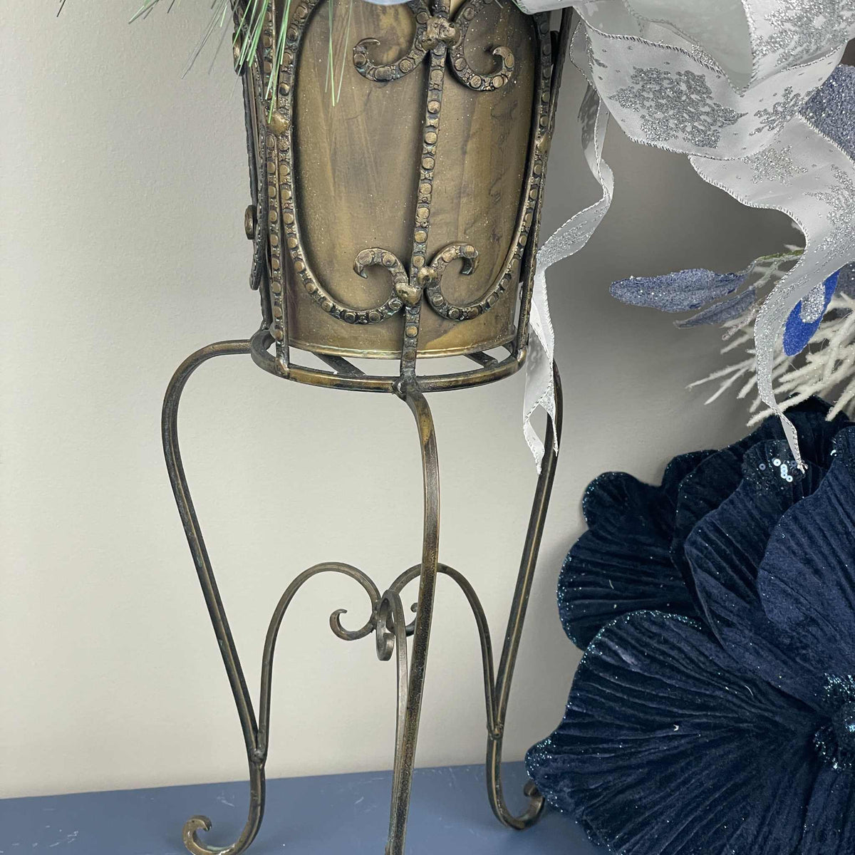 Vintage European Metal Pedestal Planter with Navy Blue & Red Holiday