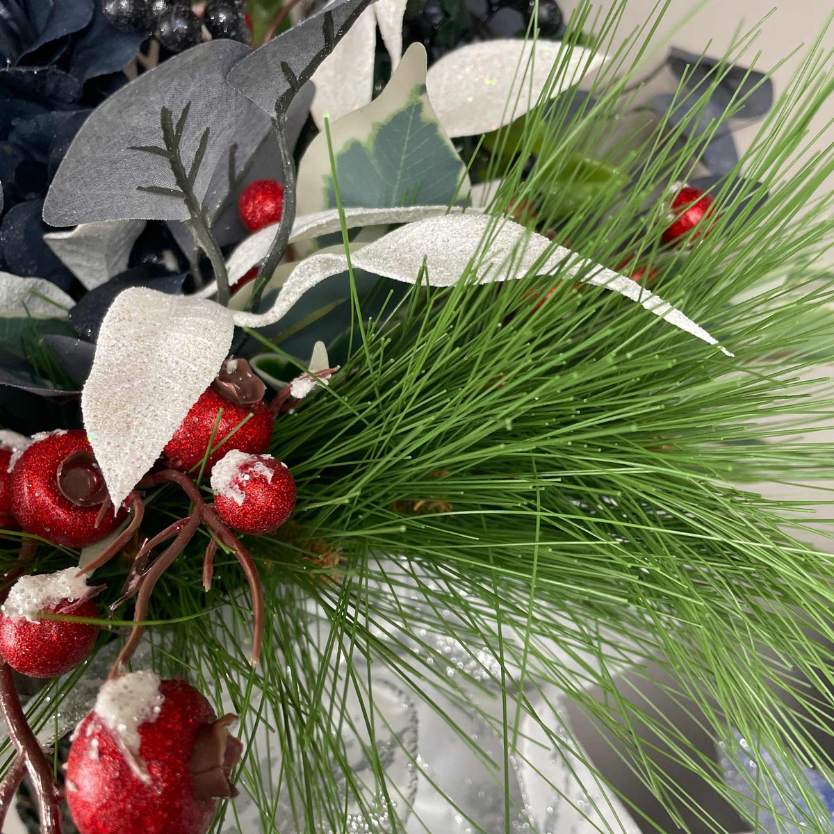 Vintage European Metal Pedestal Planter with Navy Blue & Red Holiday