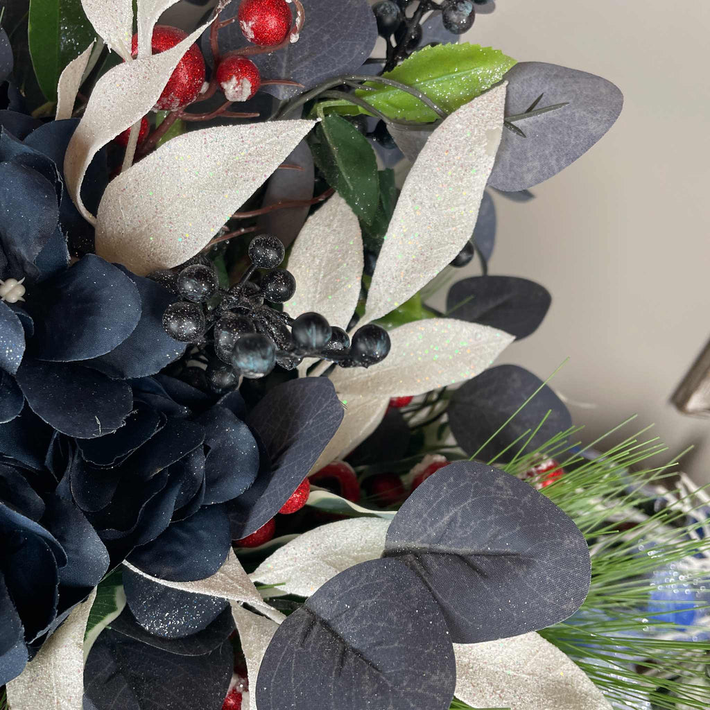 Vintage European Metal Pedestal Planter with Navy Blue & Red Holiday