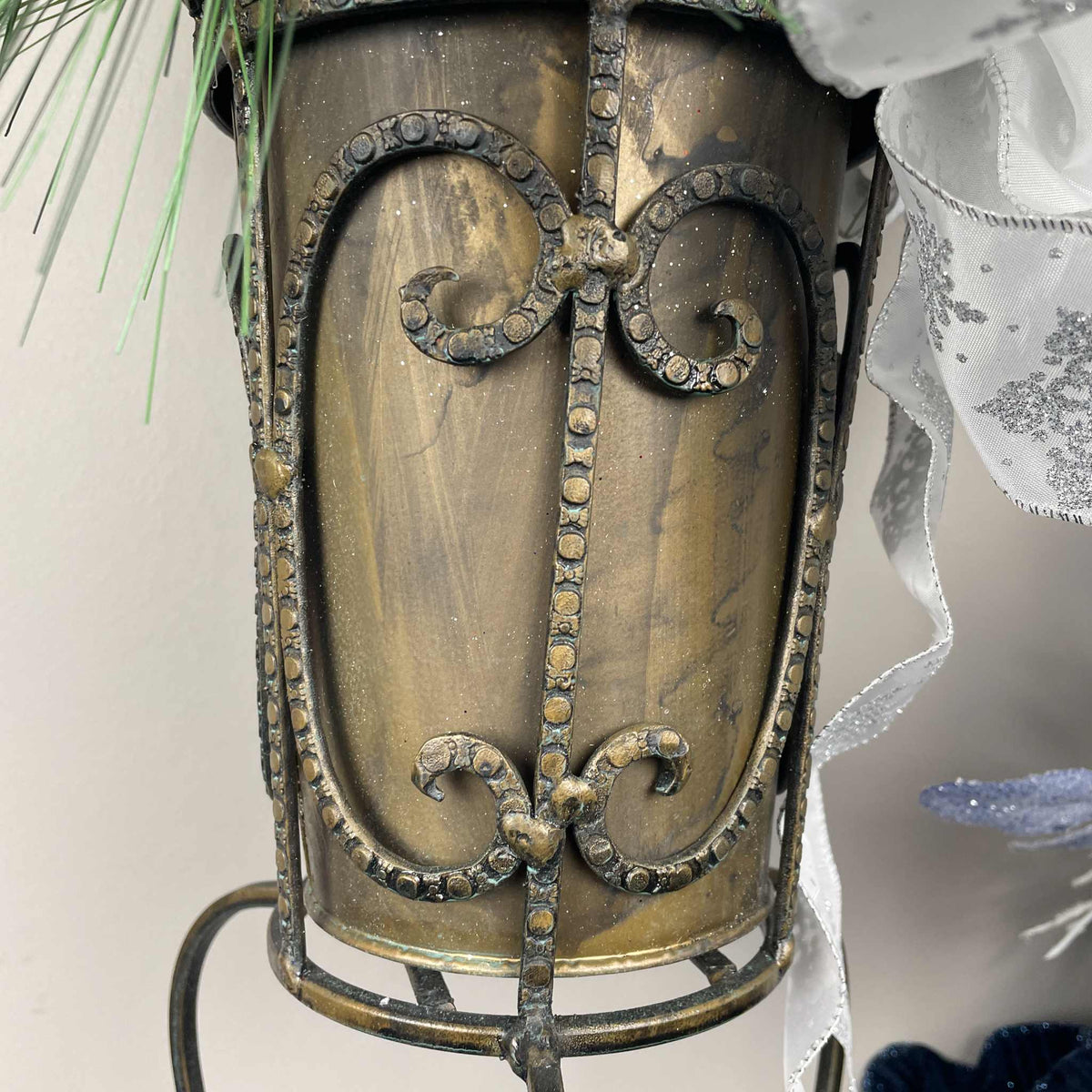 Vintage European Metal Pedestal Planter with Navy Blue & Red Holiday