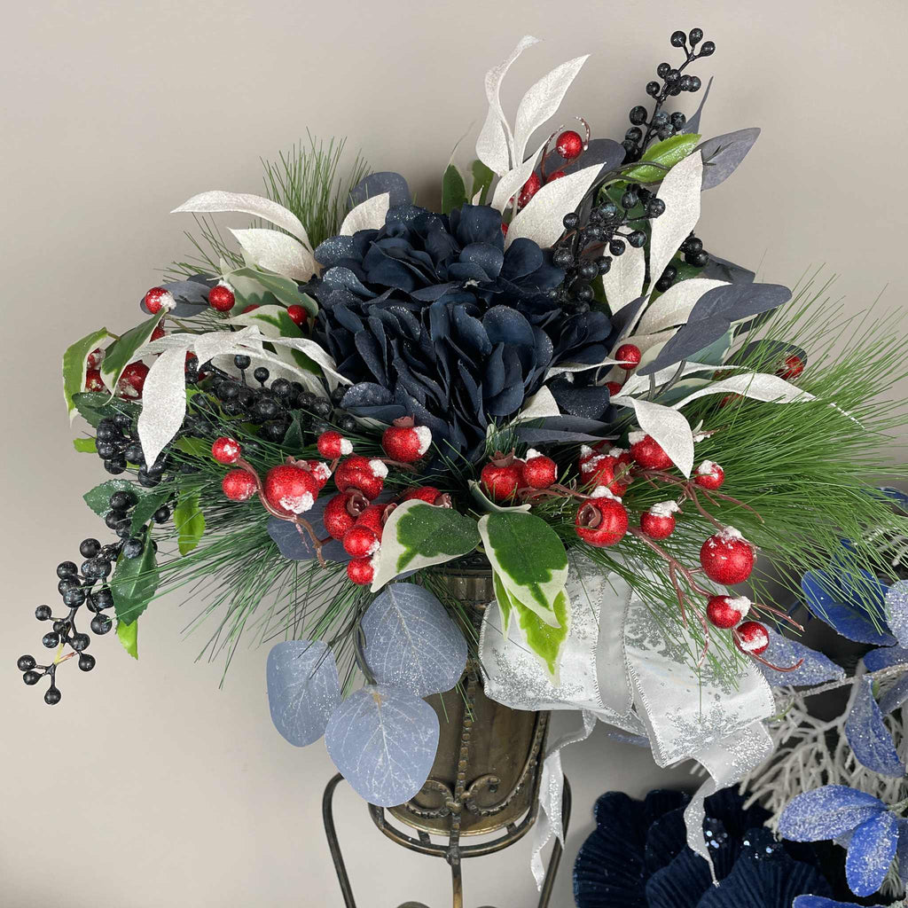 Vintage European Metal Pedestal Planter with Navy Blue & Red Holiday